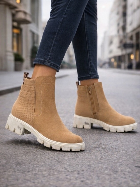 Journee Collection Shoes - Journee‎ Collection Tan Faux Leather Chunky Lug Sole Ankle Boots